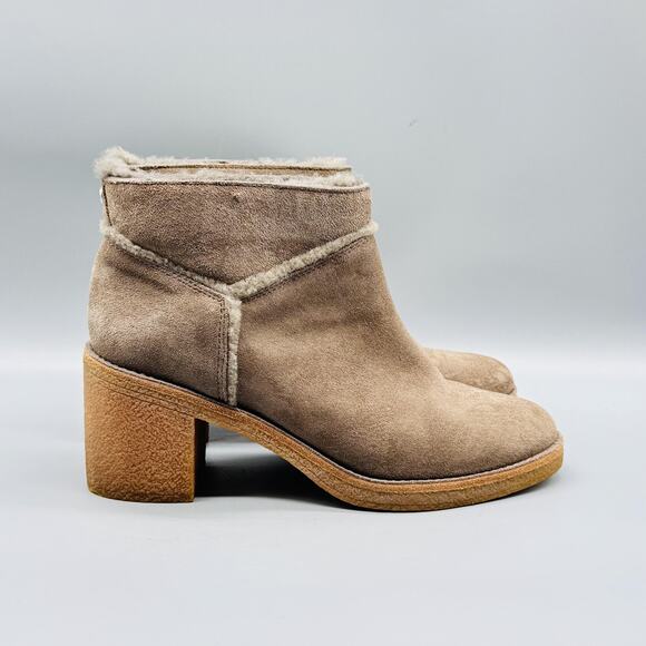 UGG Boots Women 9.5 Brown Suede Shearling Lined Ankle Block Heel Booties Comfort - Picture 1 of 11